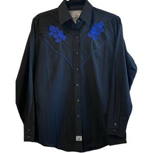 Ely 1878 Vintage Black Embroidered Black Pearl Snap Western‎ Rodeo Shirt Medium